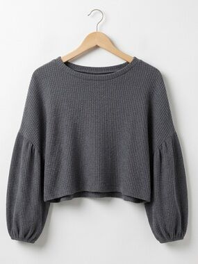 Primi Charcoal Gray Oversized Waffle Knit Bohemian Balloon Sleeve Cropped Top